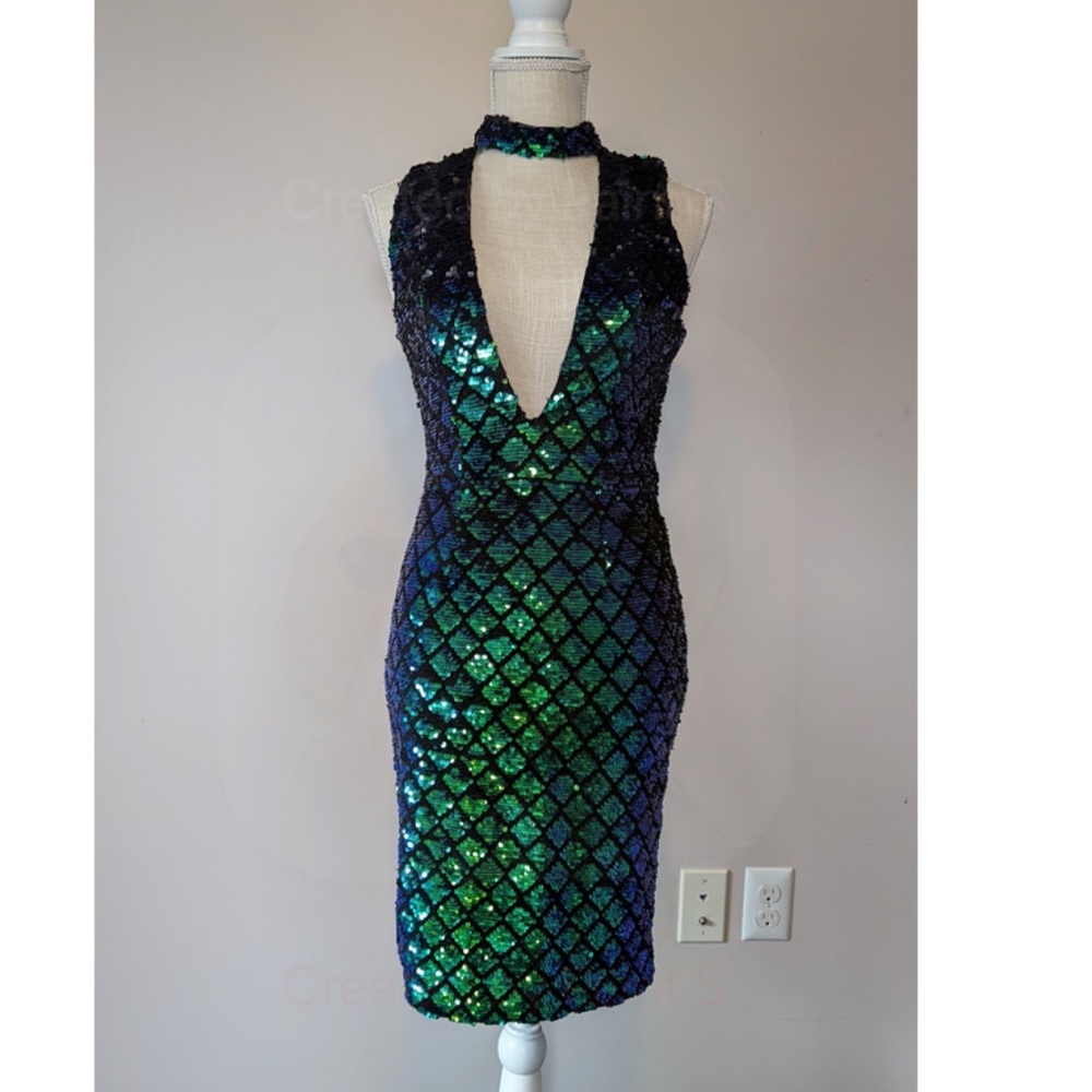 Deep Plunge Sequin Dress with attached chocker neckline